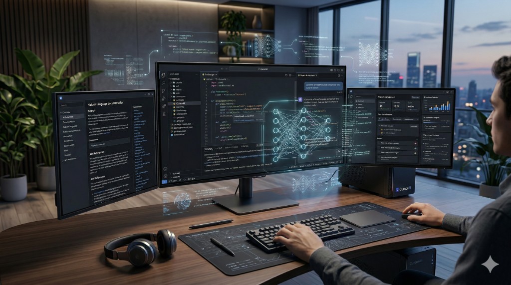 複数のモニターにAIコードエディタとニューラルネットワークの可視化が映し出された最先端のPC作業環境